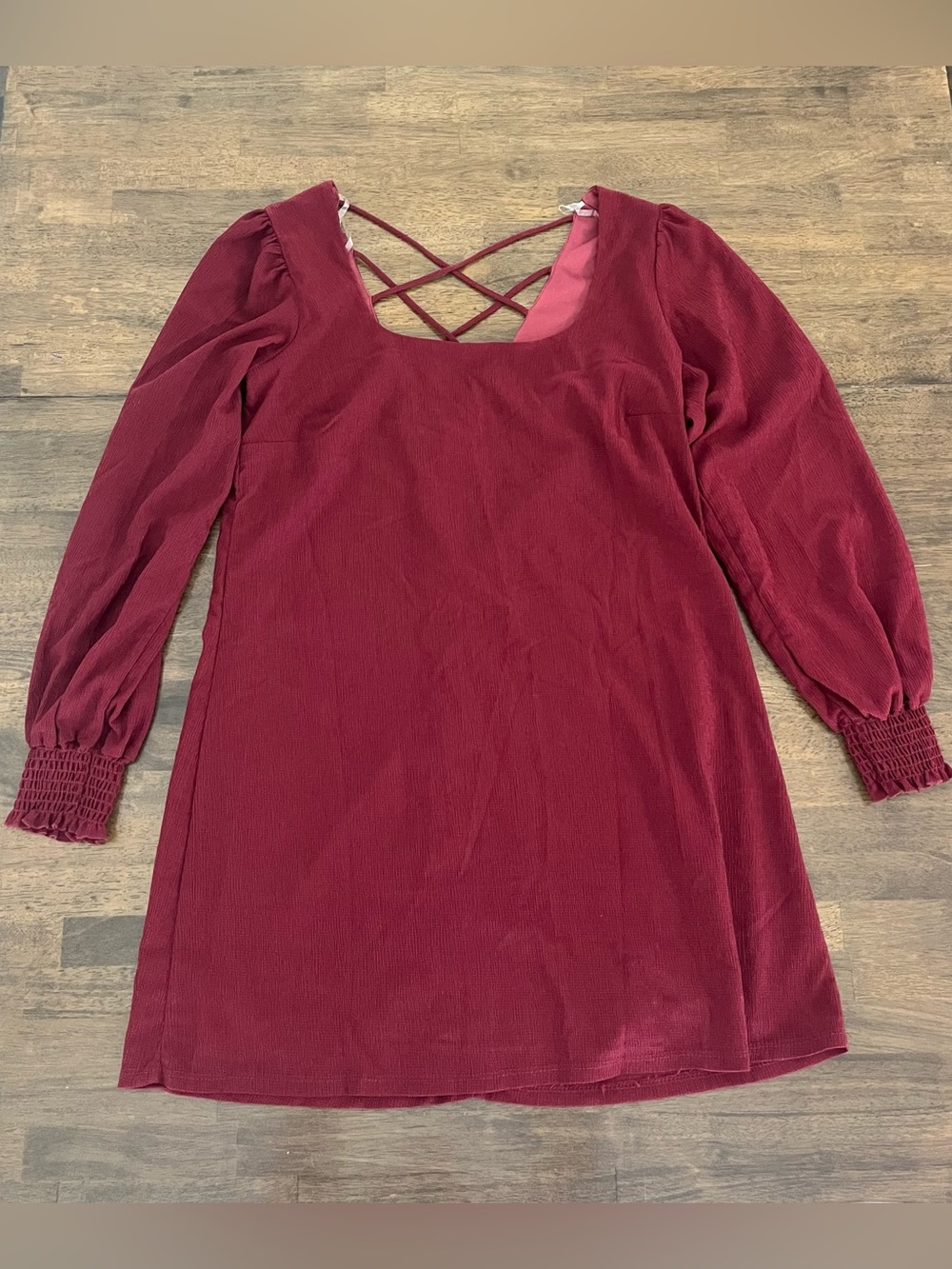 Allison & Kelly Burgundy Crisscross Back Mini Dress Long Sleeves Large Fall NWT